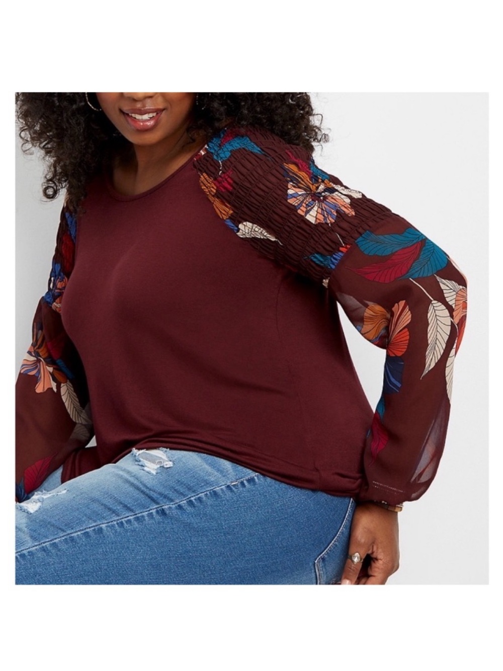 Maurices plus size floral smocked sleeve tee
